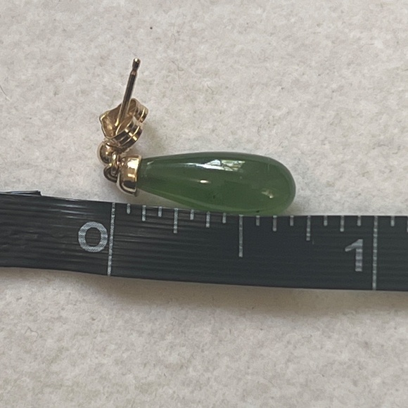 Genuine Green Jade Teardrop Earrings on 14K Gold Post Pierced Ears - Picture 6 of 6